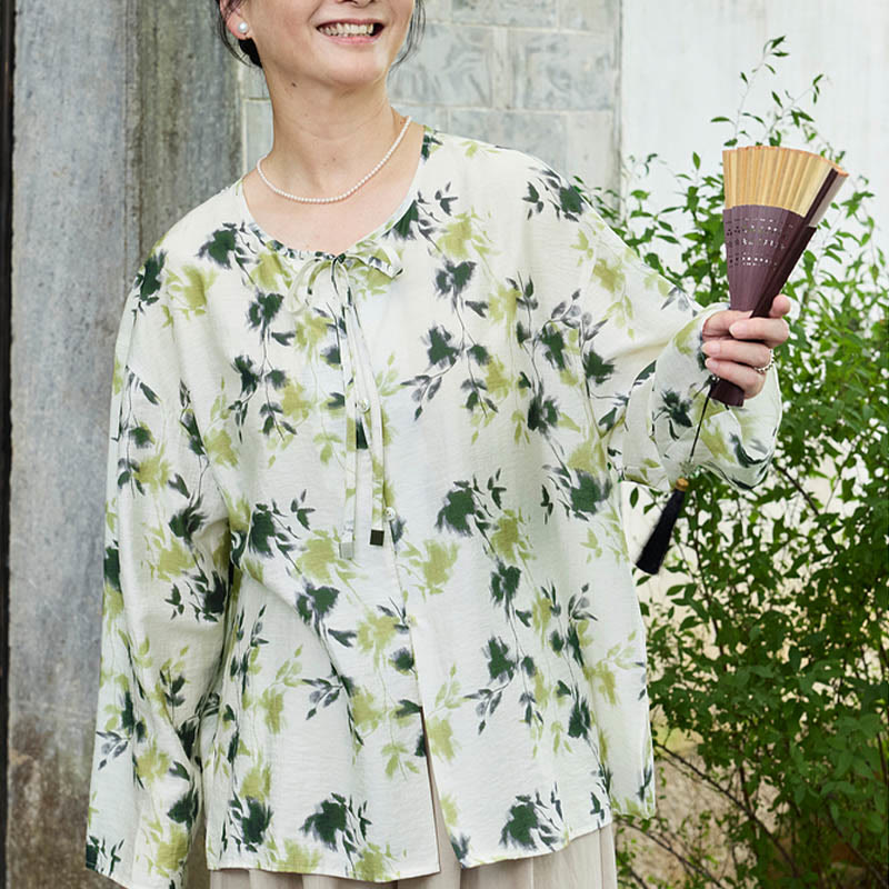 Botanical Print Lace-Up Lightweight Mindful Shirt