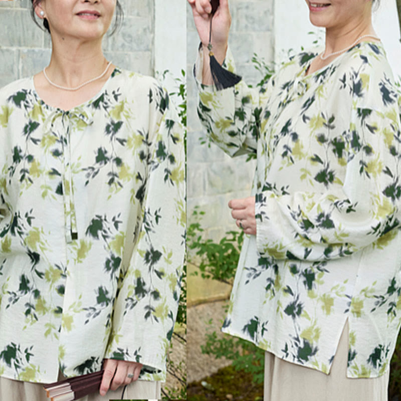 Botanical Print Lace-Up Lightweight Mindful Shirt