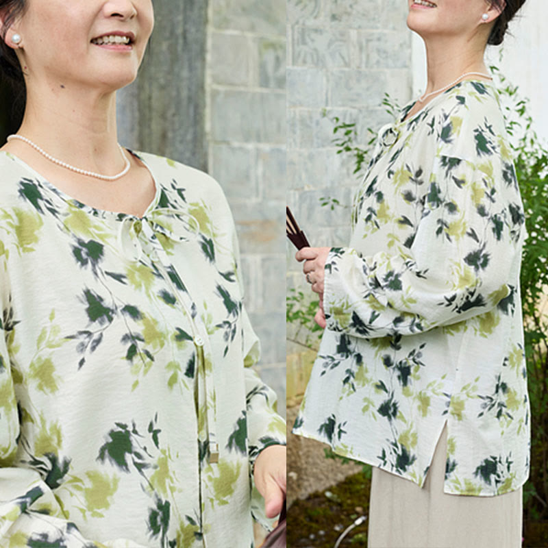 Botanical Print Lace-Up Lightweight Mindful Shirt