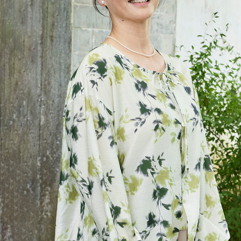 Botanical Print Lace-Up Lightweight Mindful Shirt