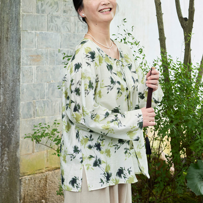 Botanical Print Lace-Up Lightweight Mindful Shirt
