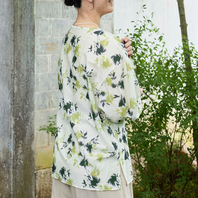 Botanical Print Lace-Up Lightweight Mindful Shirt