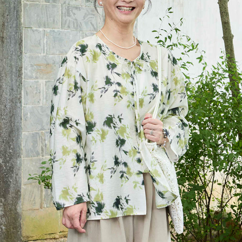 Botanical Print Lace-Up Lightweight Mindful Shirt