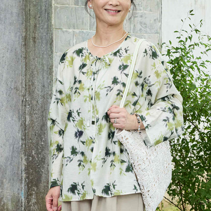 Botanical Print Lace-Up Lightweight Mindful Shirt