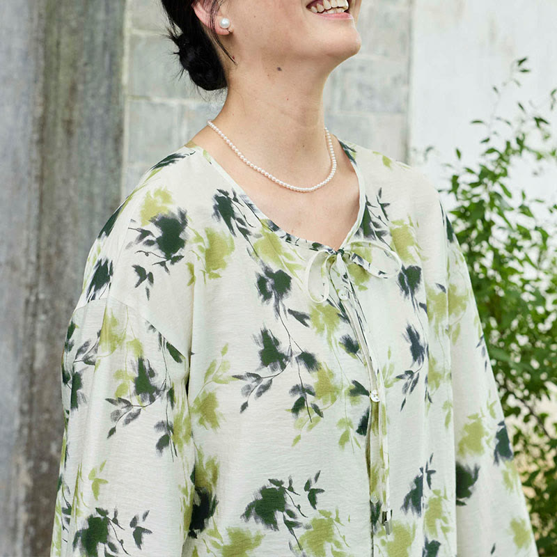 Botanical Print Lace-Up Lightweight Mindful Shirt