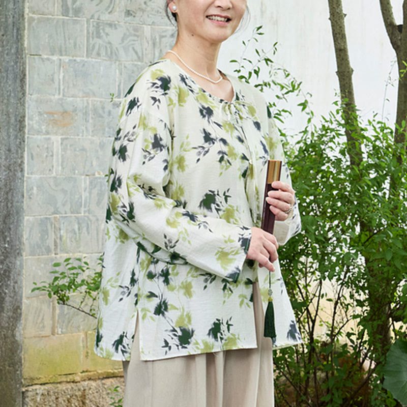 Botanical Print Lace-Up Lightweight Mindful Shirt