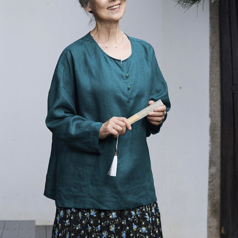 Breathable Linen Notched Collar Mindful Long Sleeve Shirt