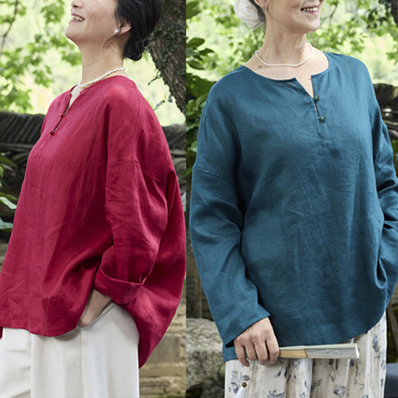 Breathable Linen Notched Collar Mindful Long Sleeve Shirt