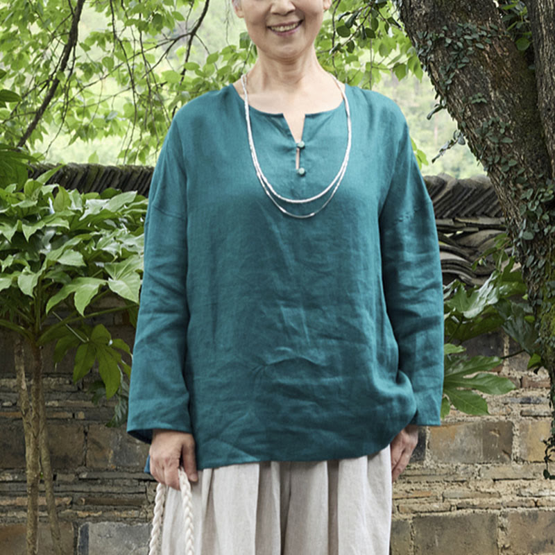 Breathable Linen Notched Collar Mindful Long Sleeve Shirt