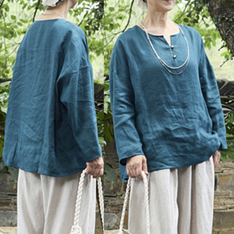 Breathable Linen Notched Collar Mindful Long Sleeve Shirt