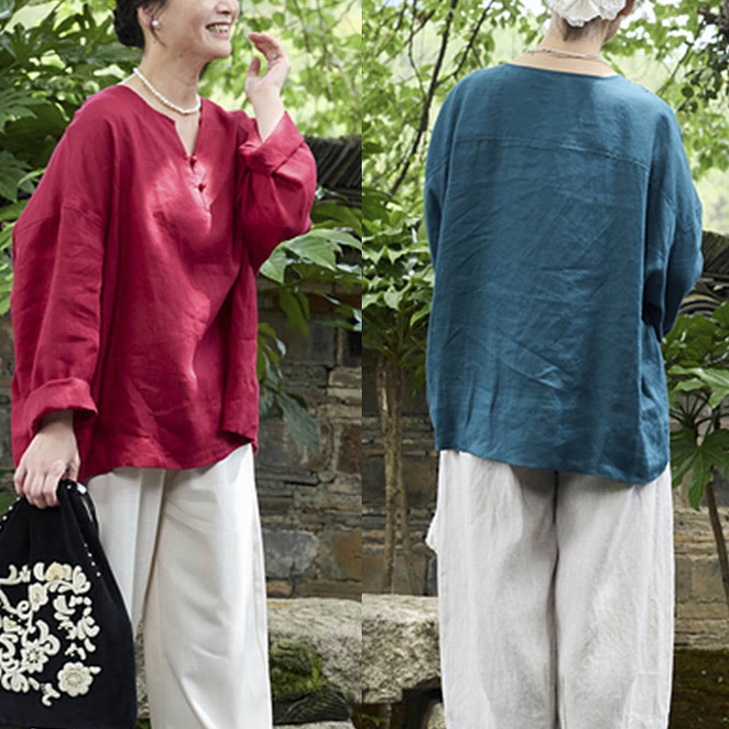 Breathable Linen Notched Collar Mindful Long Sleeve Shirt