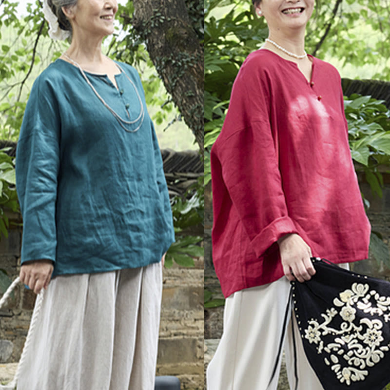 Breathable Linen Notched Collar Mindful Long Sleeve Shirt