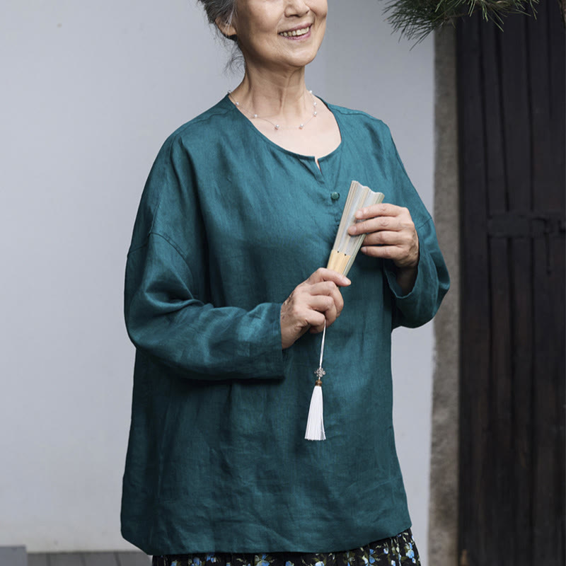 Breathable Linen Notched Collar Mindful Long Sleeve Shirt