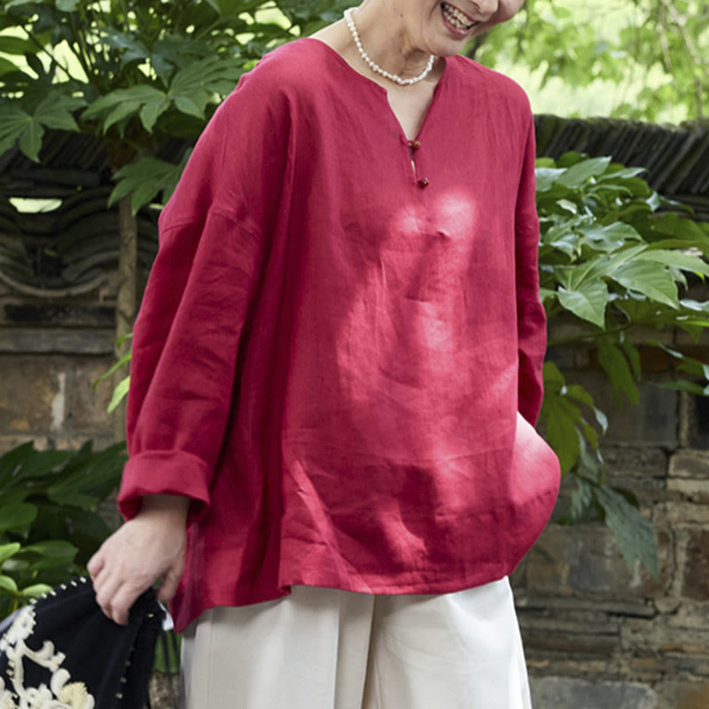 Breathable Linen Notched Collar Mindful Long Sleeve Shirt