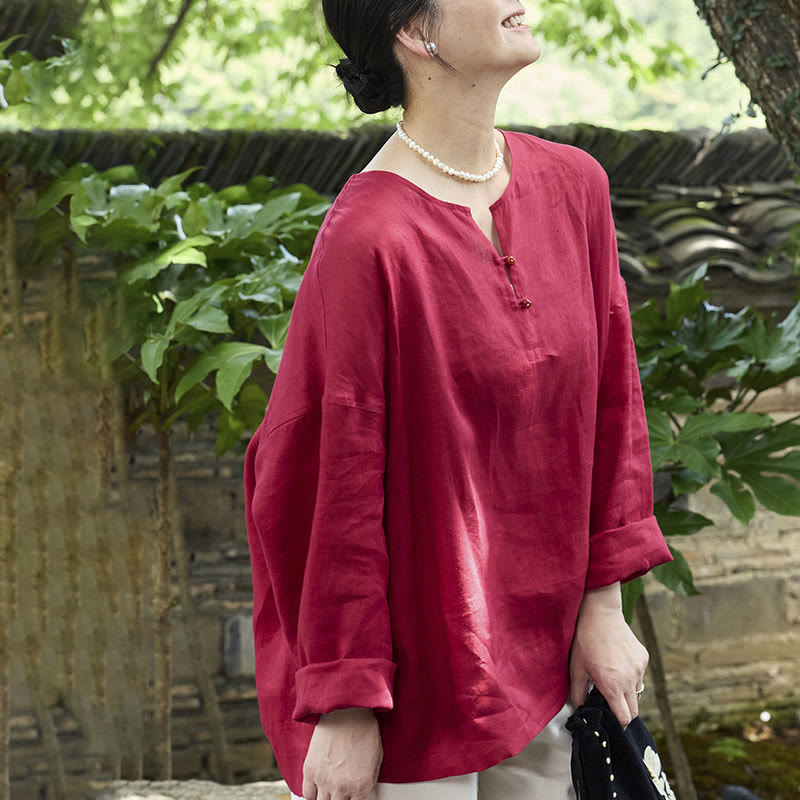 Breathable Linen Notched Collar Mindful Long Sleeve Shirt
