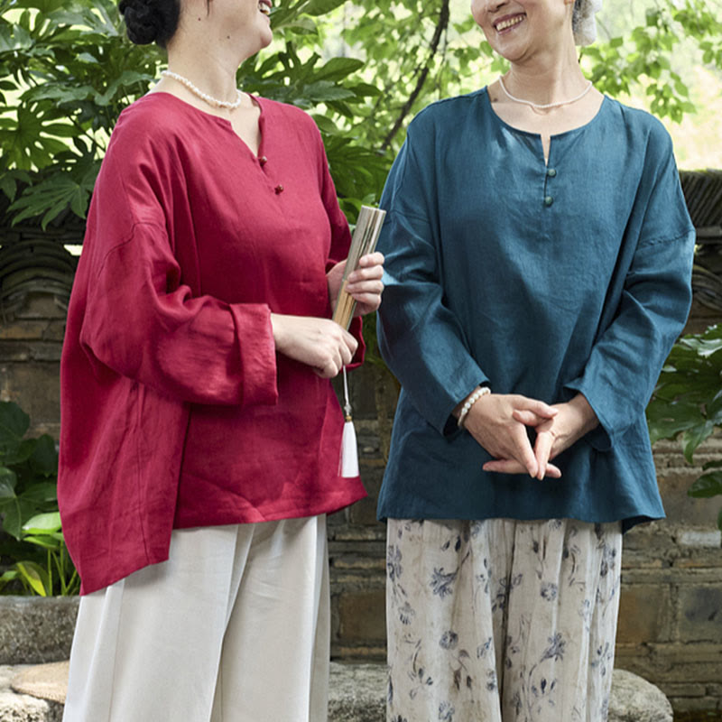 Breathable Linen Notched Collar Mindful Long Sleeve Shirt