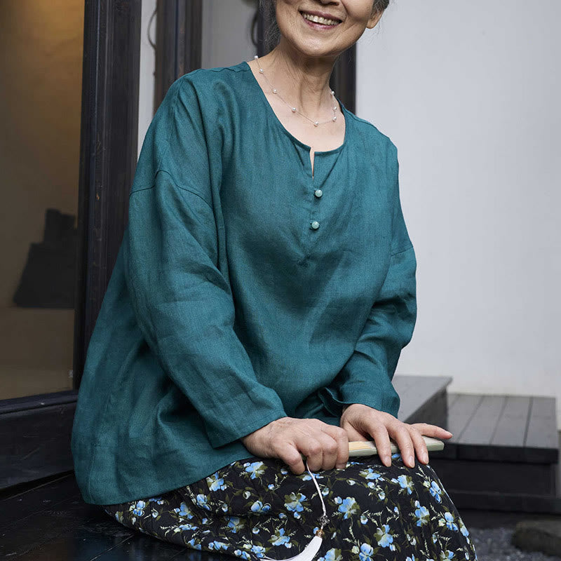 Breathable Linen Notched Collar Mindful Long Sleeve Shirt