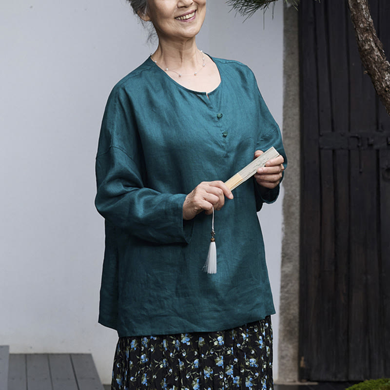 Breathable Linen Notched Collar Mindful Long Sleeve Shirt