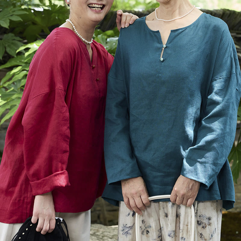 Breathable Linen Notched Collar Mindful Long Sleeve Shirt