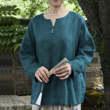 Breathable Linen Notched Collar Mindful Long Sleeve Shirt