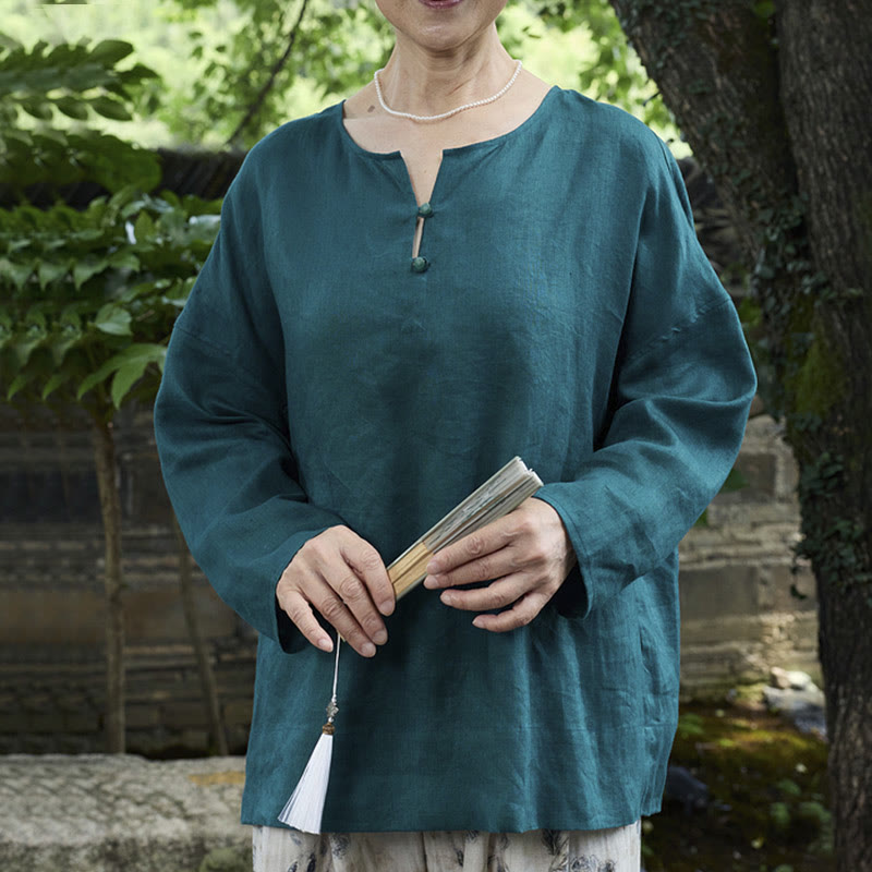 Breathable Linen Notched Collar Mindful Long Sleeve Shirt