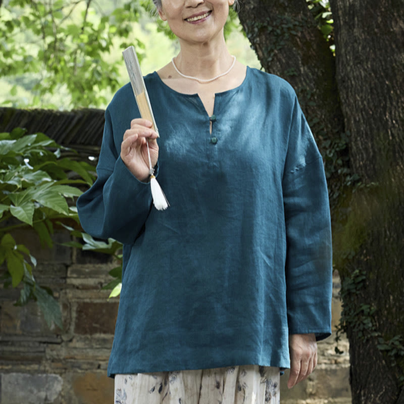Breathable Linen Notched Collar Mindful Long Sleeve Shirt