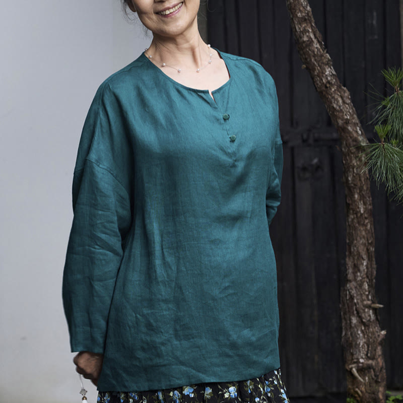 Breathable Linen Notched Collar Mindful Long Sleeve Shirt