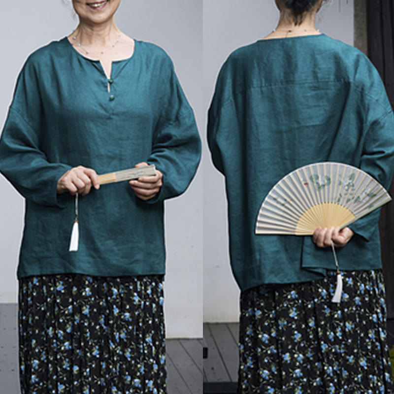 Breathable Linen Notched Collar Mindful Long Sleeve Shirt