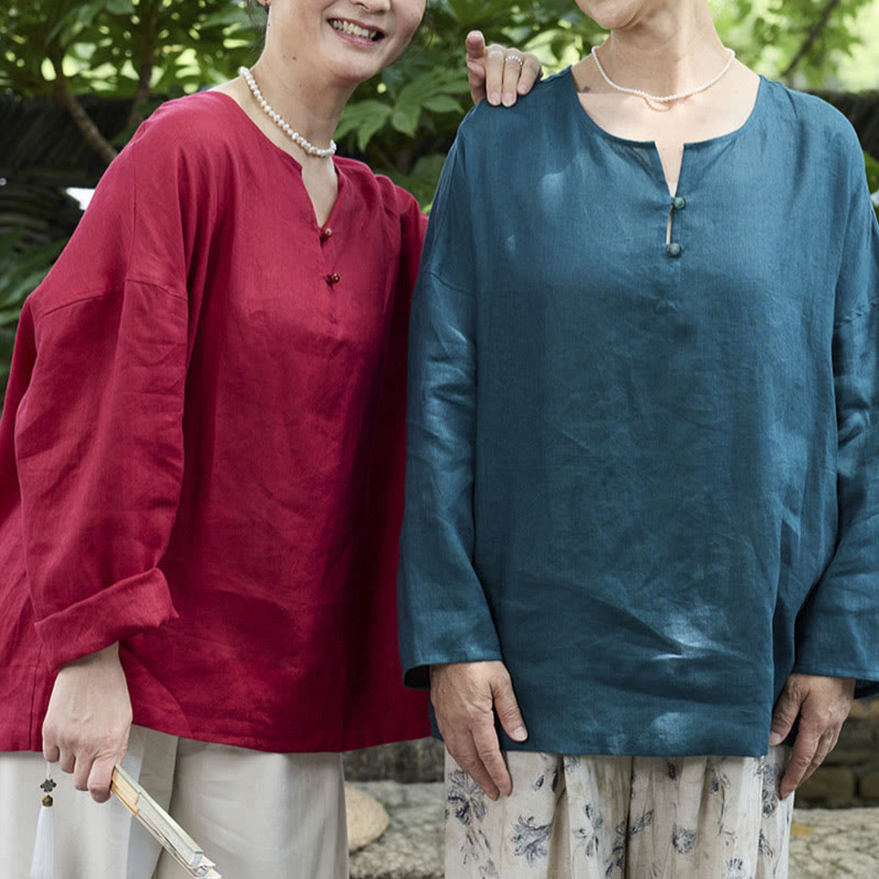 Breathable Linen Notched Collar Mindful Long Sleeve Shirt