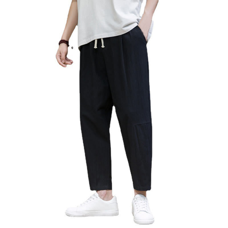 Casual Pure Color Tapered Design Men's Cotton Linen Drawstring Pants With Pockets