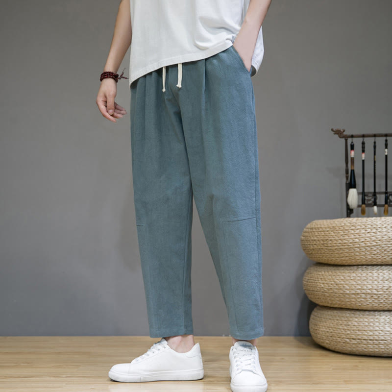 Casual Pure Color Tapered Design Men's Cotton Linen Drawstring Pants With Pockets