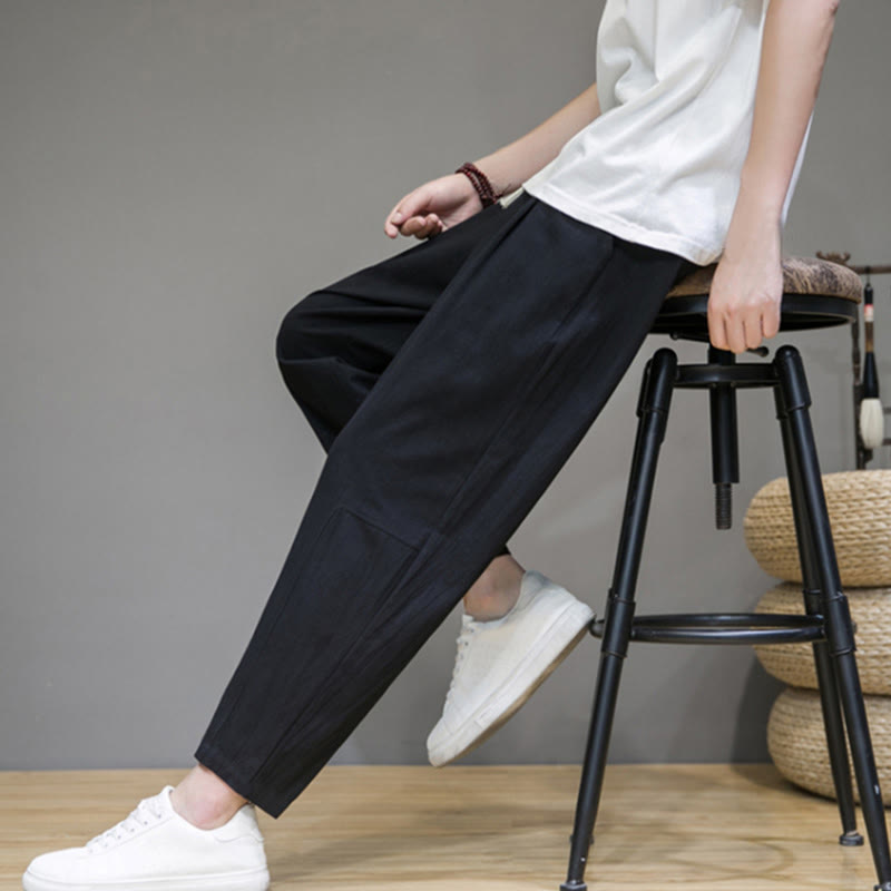 Casual Pure Color Tapered Design Men's Cotton Linen Drawstring Pants With Pockets