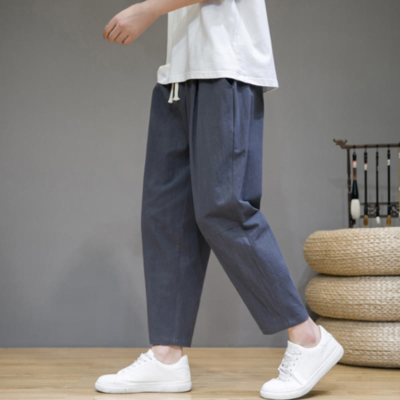 Casual Pure Color Tapered Design Men's Cotton Linen Drawstring Pants With Pockets