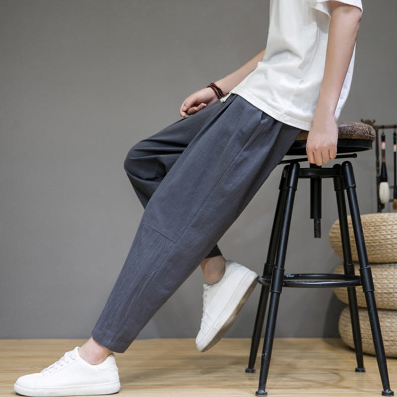 Casual Pure Color Tapered Design Men's Cotton Linen Drawstring Pants With Pockets