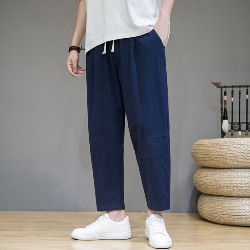 Casual Pure Color Tapered Design Men's Cotton Linen Drawstring Pants With Pockets