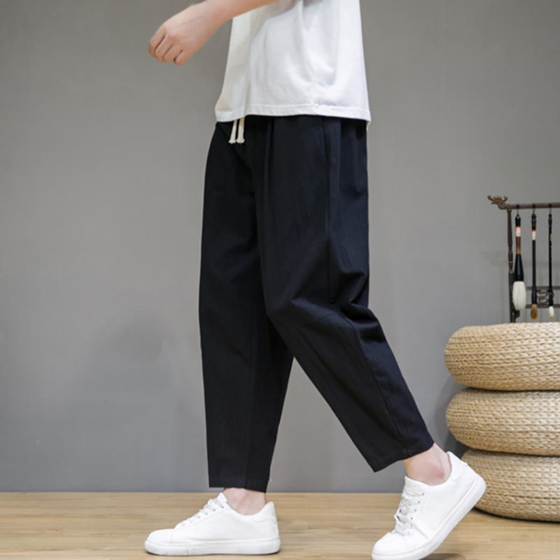 Casual Pure Color Tapered Design Men's Cotton Linen Drawstring Pants With Pockets