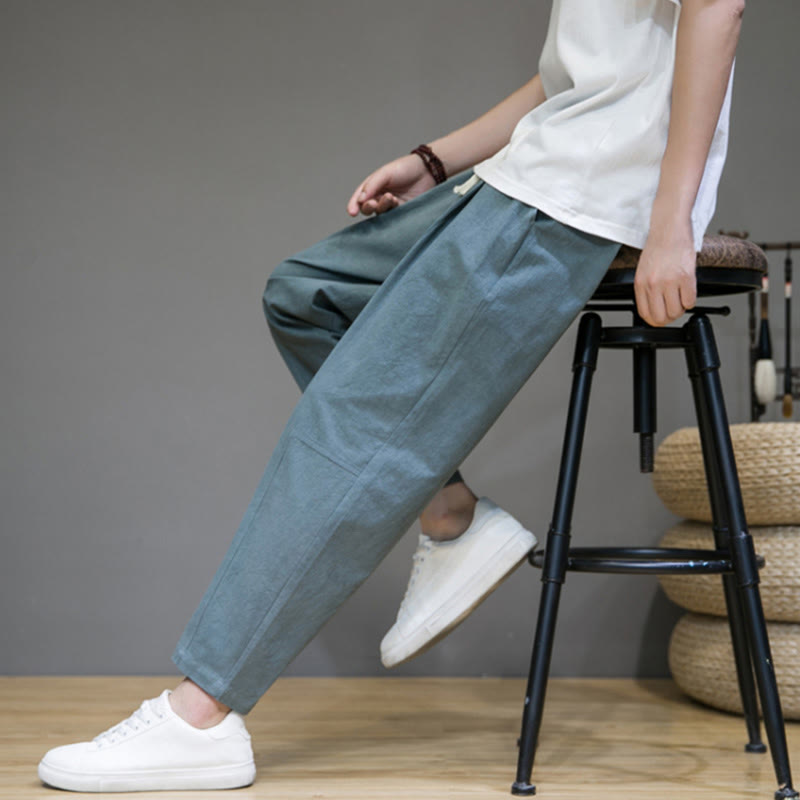 Casual Pure Color Tapered Design Men's Cotton Linen Drawstring Pants With Pockets