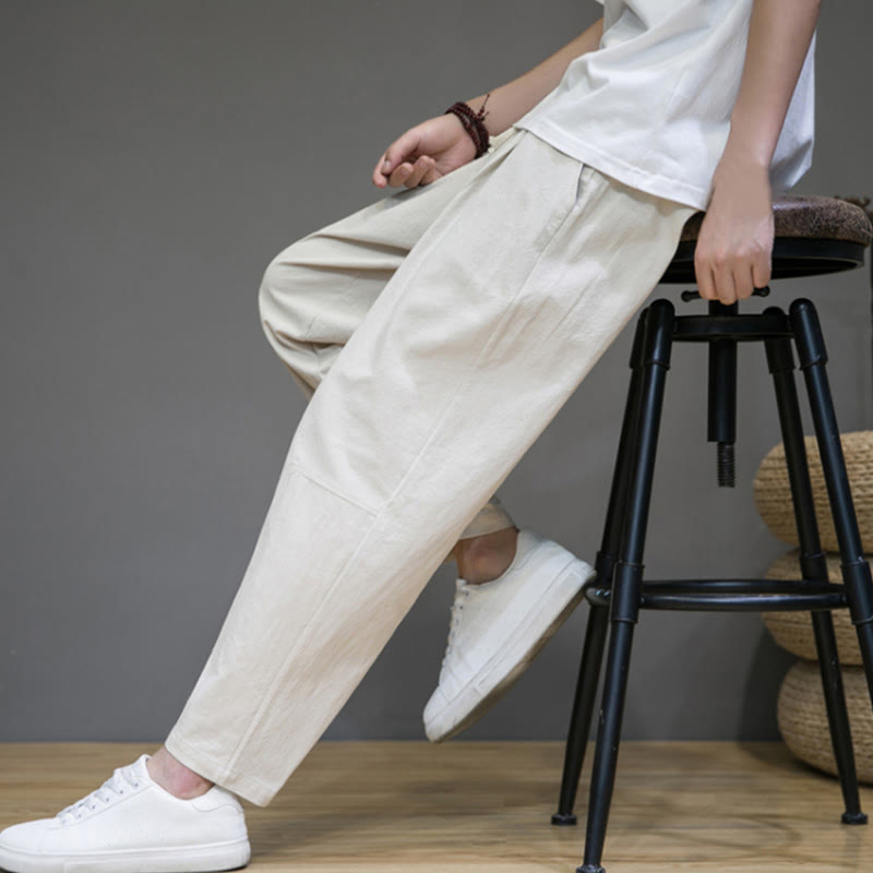 Casual Pure Color Tapered Design Men's Cotton Linen Drawstring Pants With Pockets