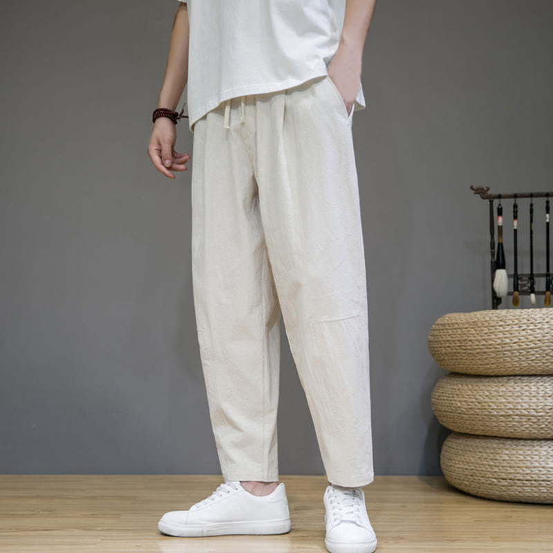 Casual Pure Color Tapered Design Men's Cotton Linen Drawstring Pants With Pockets