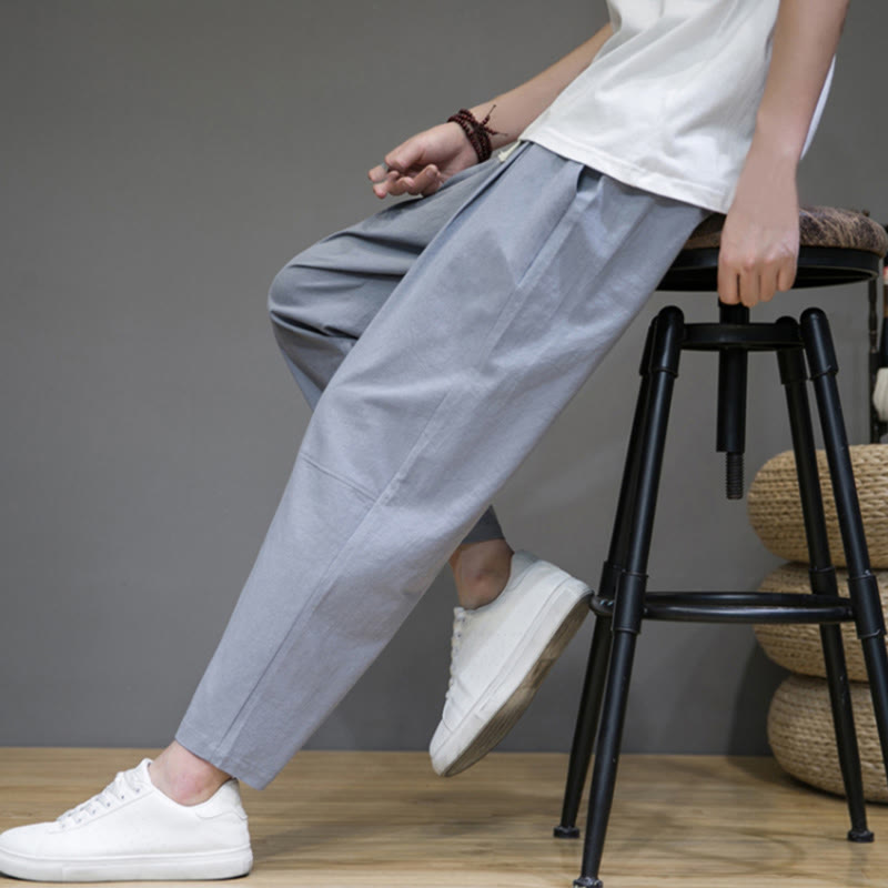 Casual Pure Color Tapered Design Men's Cotton Linen Drawstring Pants With Pockets