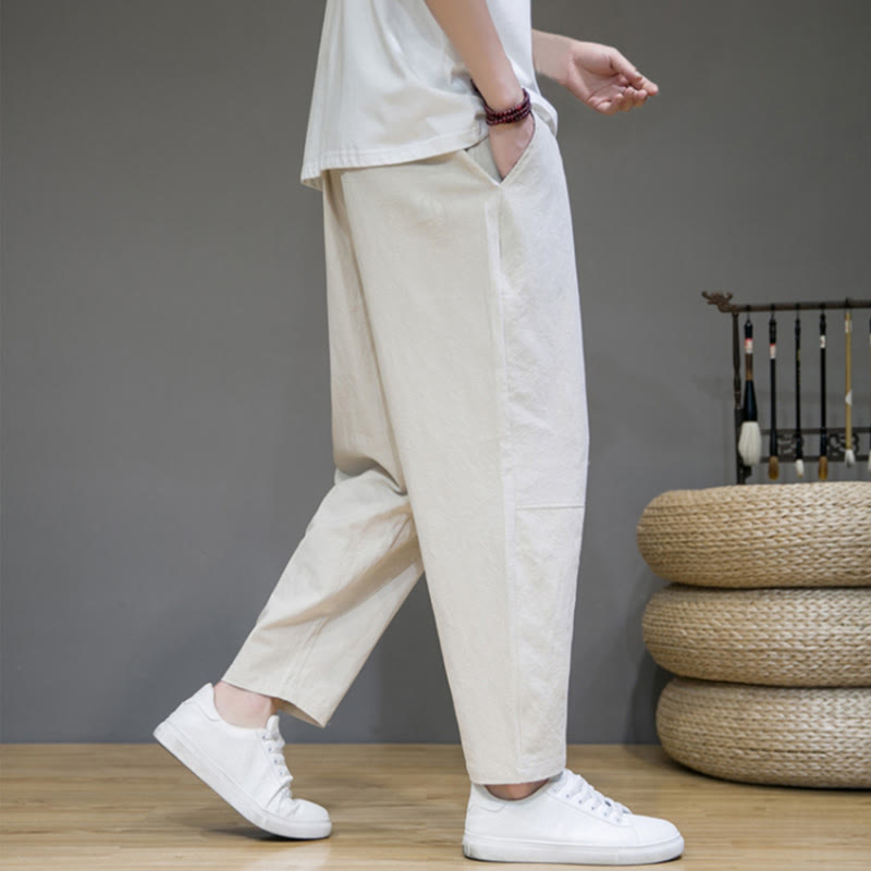 Casual Pure Color Tapered Design Men's Cotton Linen Drawstring Pants With Pockets