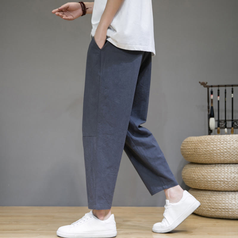 Casual Pure Color Tapered Design Men's Cotton Linen Drawstring Pants With Pockets