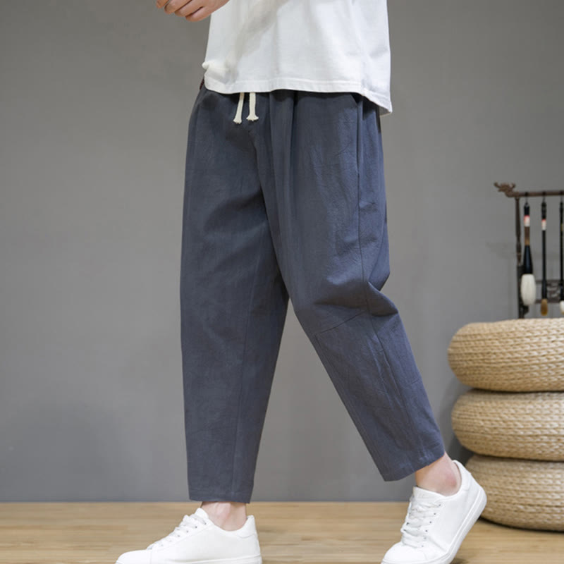 Casual Pure Color Tapered Design Men's Cotton Linen Drawstring Pants With Pockets