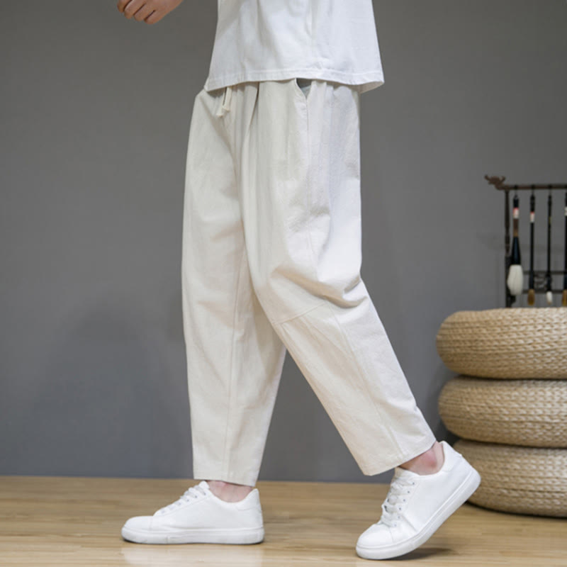 Casual Pure Color Tapered Design Men's Cotton Linen Drawstring Pants With Pockets