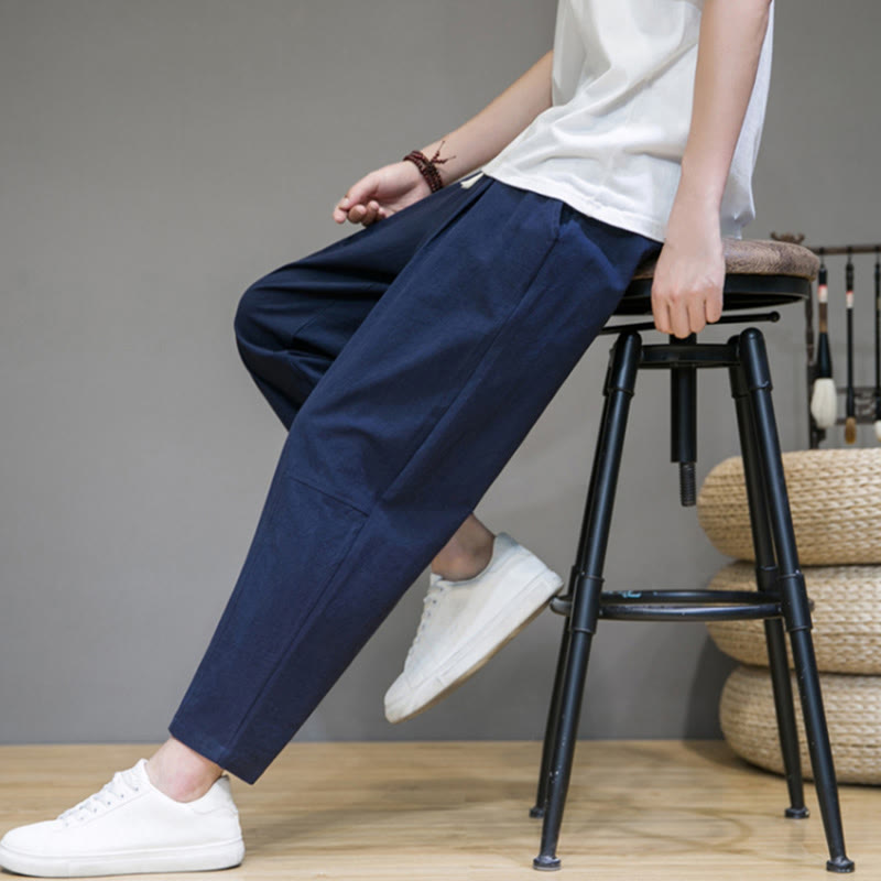 Casual Pure Color Tapered Design Men's Cotton Linen Drawstring Pants With Pockets