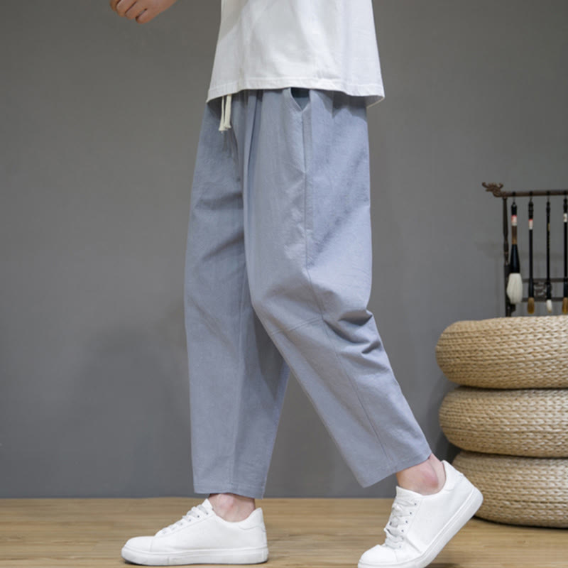 Casual Pure Color Tapered Design Men's Cotton Linen Drawstring Pants With Pockets
