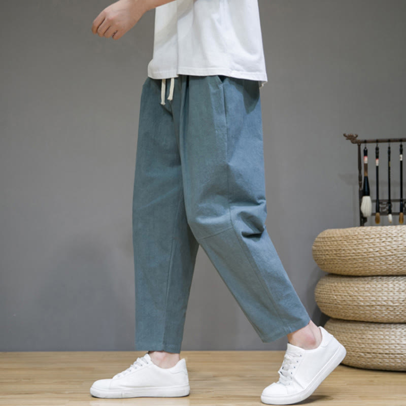 Casual Pure Color Tapered Design Men's Cotton Linen Drawstring Pants With Pockets
