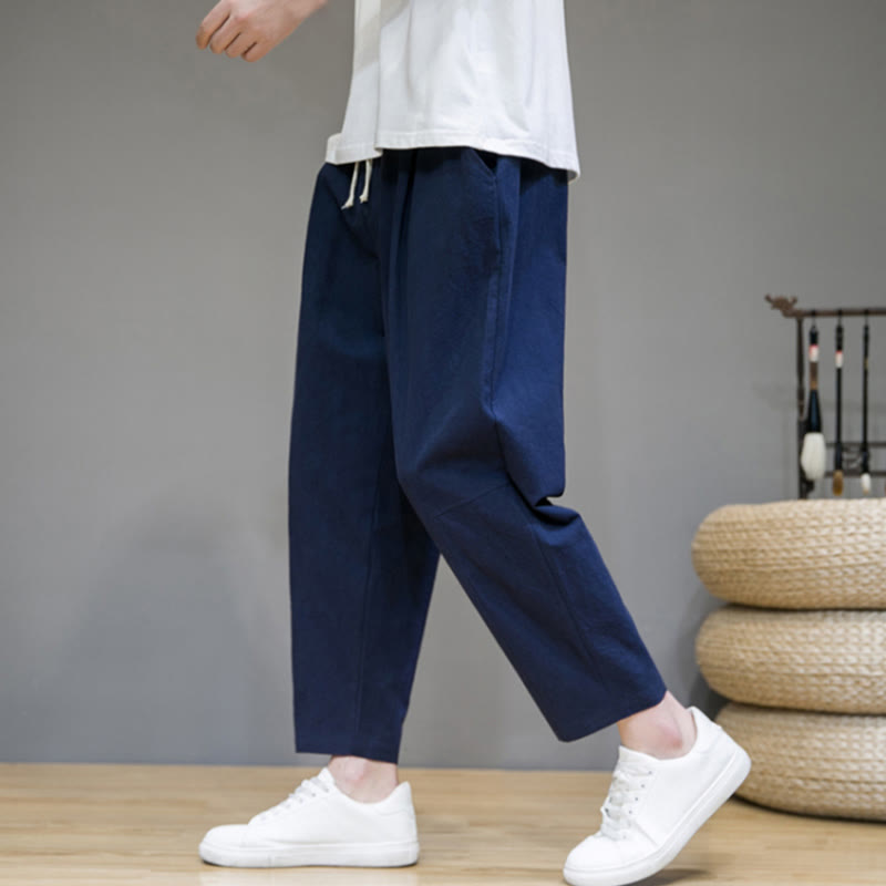Casual Pure Color Tapered Design Men's Cotton Linen Drawstring Pants With Pockets