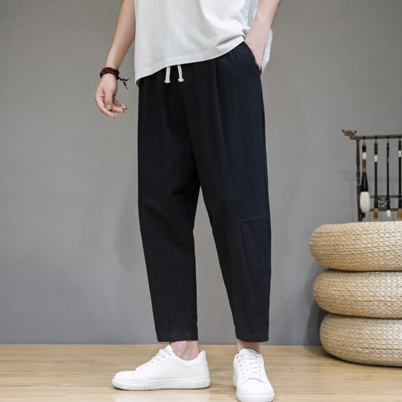 Casual Pure Color Tapered Design Men's Cotton Linen Drawstring Pants With Pockets
