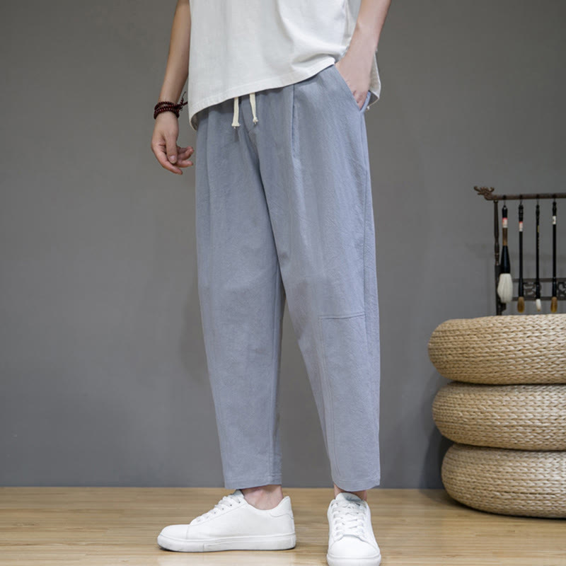 Casual Pure Color Tapered Design Men's Cotton Linen Drawstring Pants With Pockets